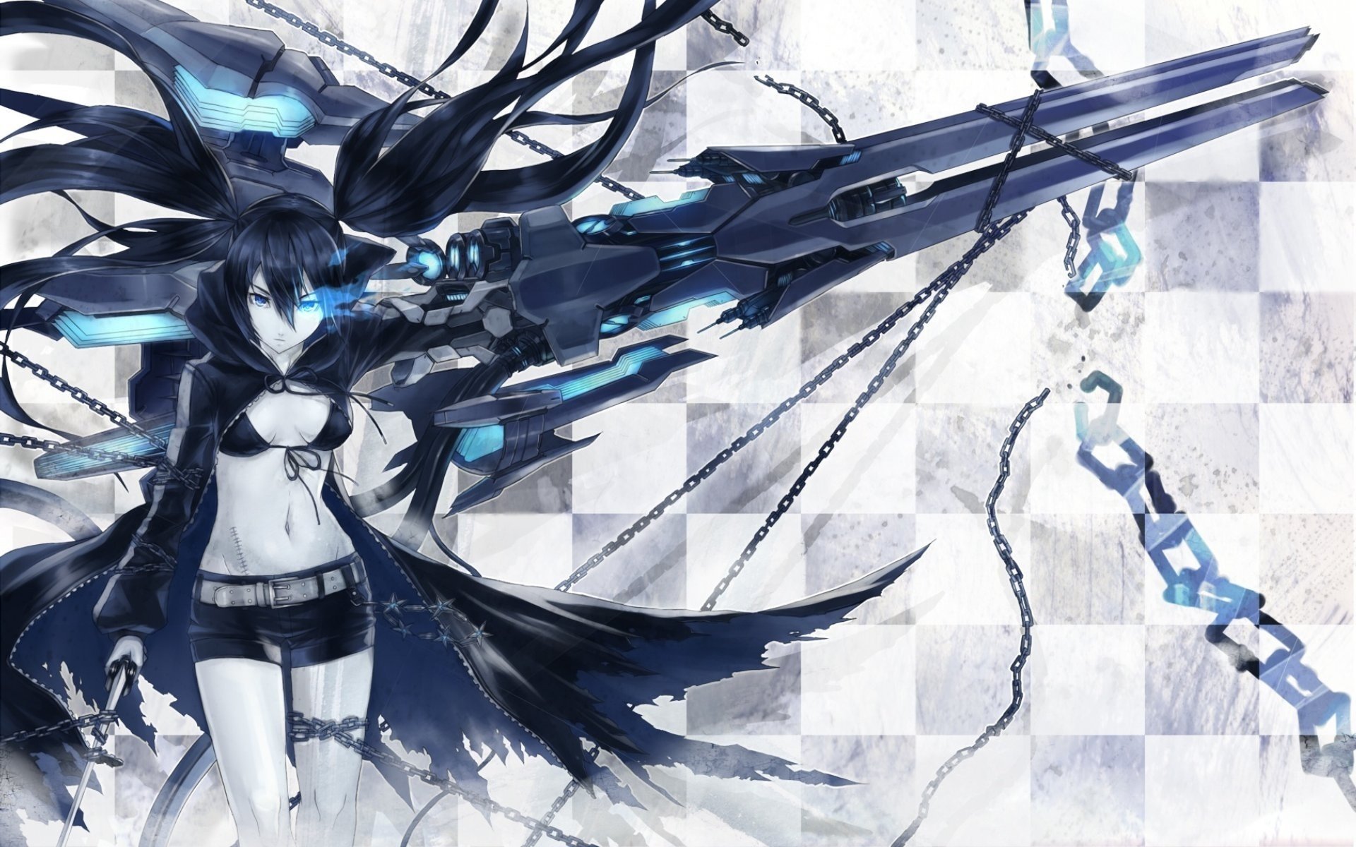 красотка в плаще стрелок с черной скалы оружие цепи аниме black rock shooter