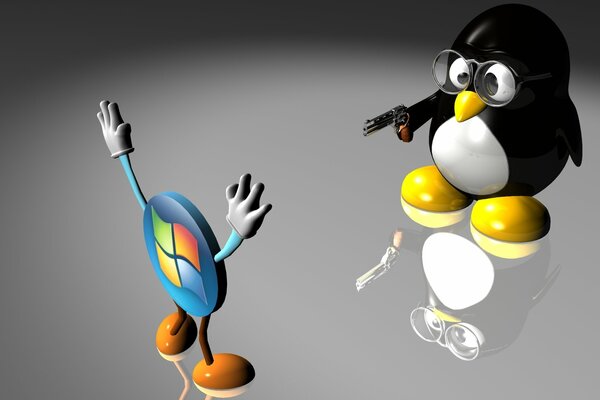 Пингвин направил пистолет в логотип windows