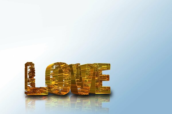 Обемная золотая надпись LOVE на бело-голубом фоне. Отражение объемной надписи LOVE