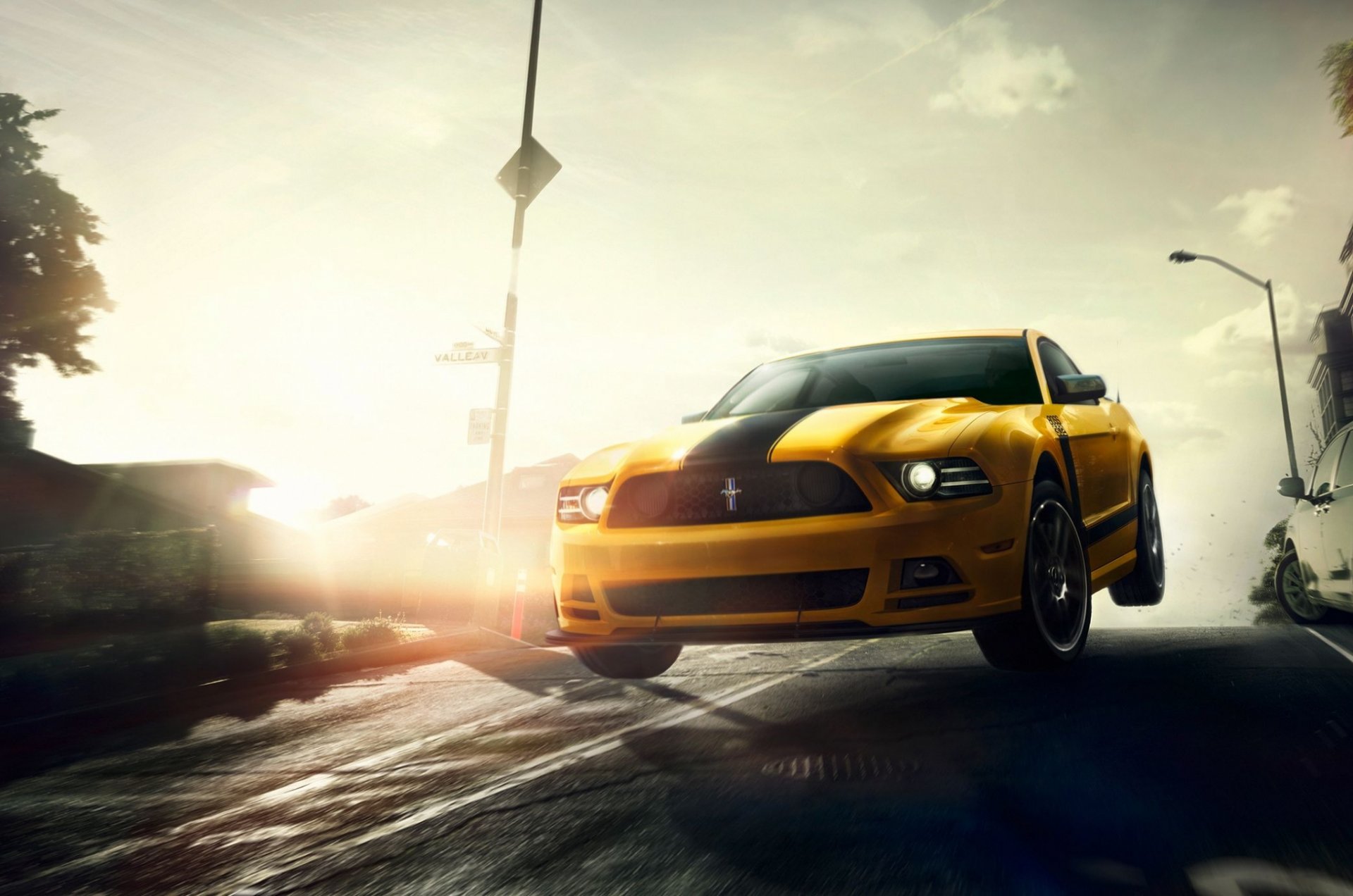 ford mustang szef żółty mięśnie samochód ulica san francisco słońce prędkość przód skok