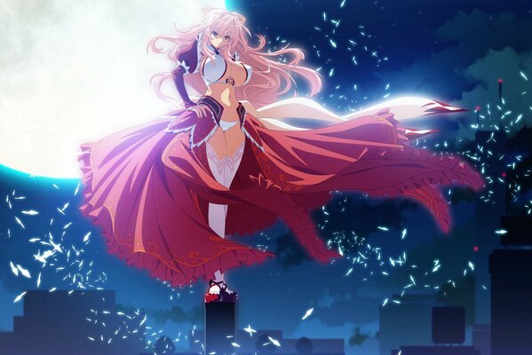 Dziewczyna z anime na tle księżyca w czerwonym trzepoczącym płaszczu na prawie nagim ciele