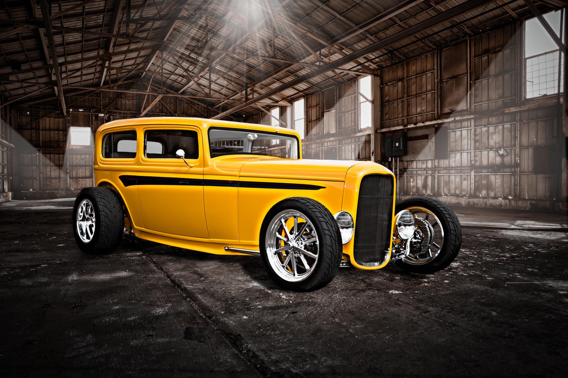 hot rod samochód klasyczny żółty klasyczny retro hangar