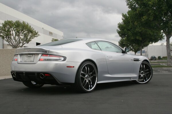 Srebrny aston martin w pobliżu drzew