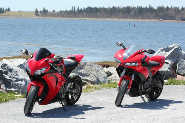 Dwa czerwone motocykle na tle wody