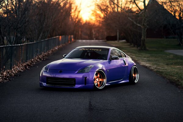 Fioletowy nissan350z stoi na drodze tonącej w zachodzie słońca