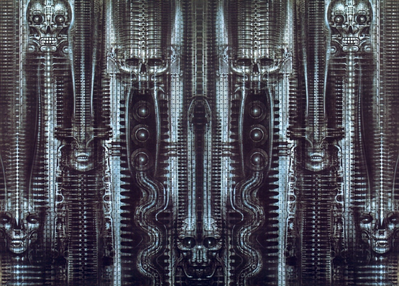 monotonia biomechanika sztuka giger biomechanika industrial szarość ciemne tło wzór czaszka twarz