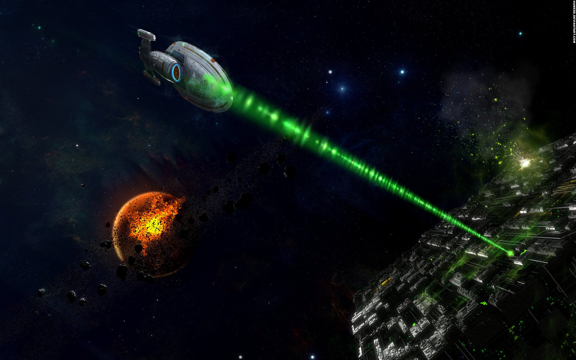 voyager borg борги star trek звездный путь вояджер куб атака луч астероиды звезды космос вселенная космическое пространство лазер