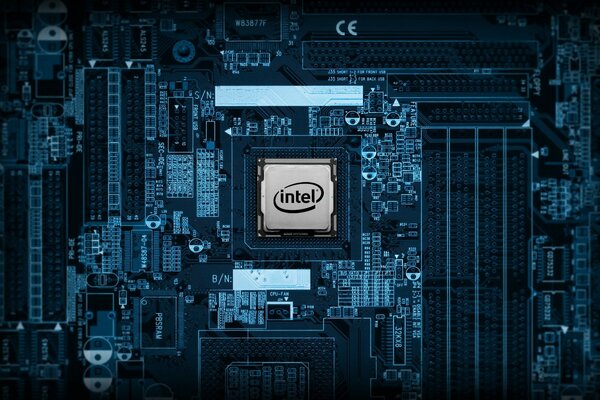 Logo firmy Intel umieszczone na procesorze włożonym do płyty głównej