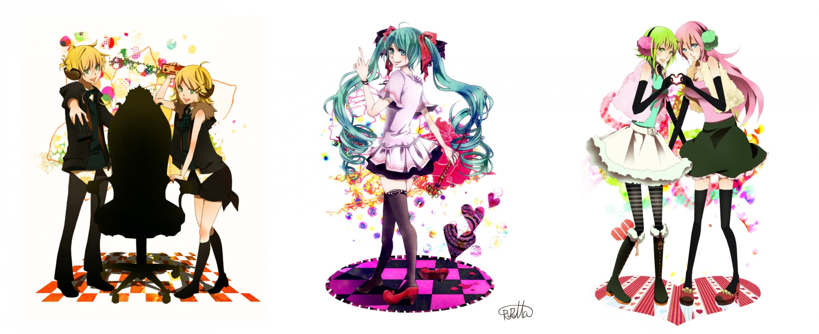 kagamine len kagamine rin zielone włosy zielone oczy ubierać się hatsune miku megurine luka thighhighs niebieskie oczy różowe włosy blond włosy długie włosy słuchawki krótkie włosy wstążki rumieniec twintails biały spódnica mężczyzna