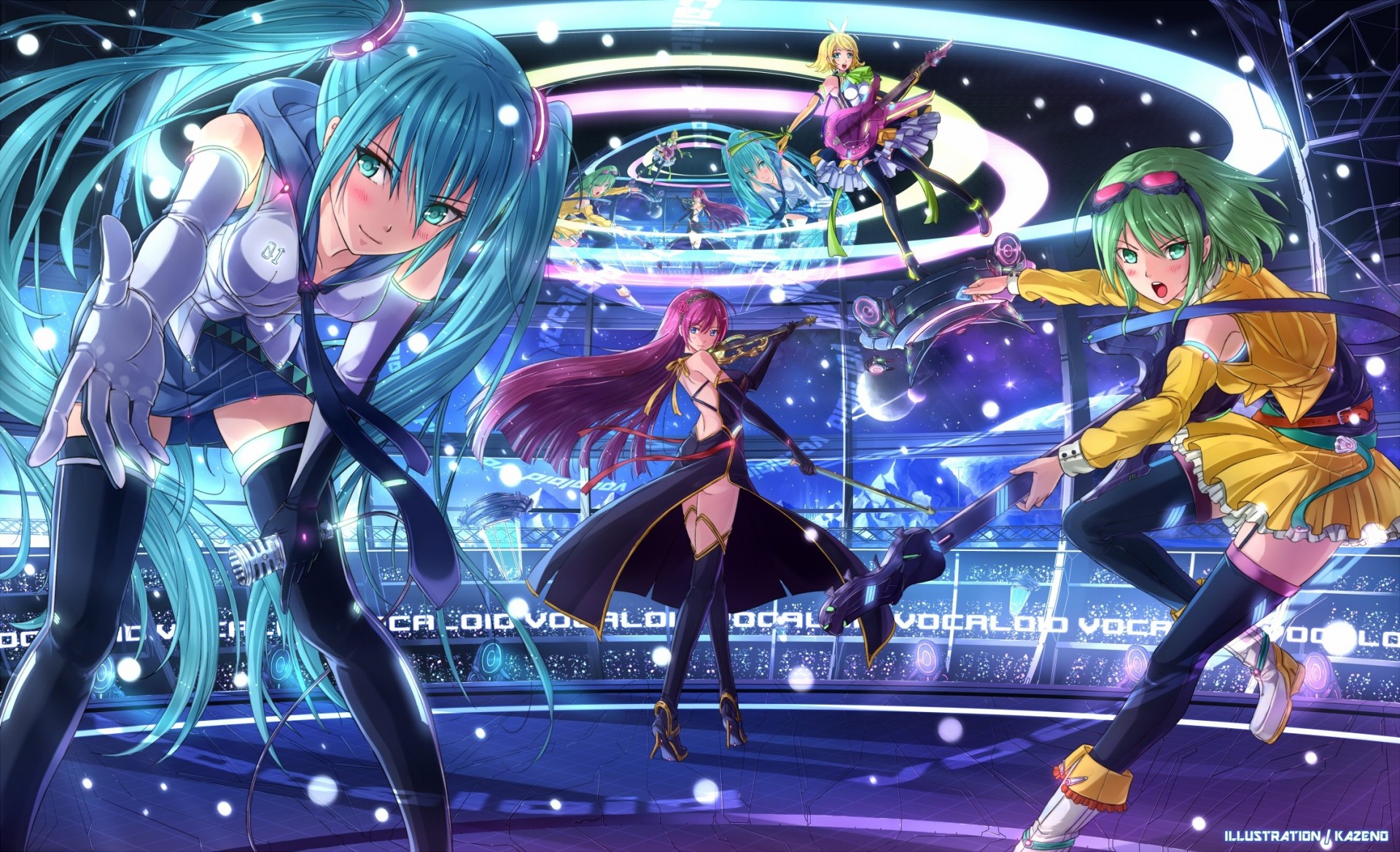 różowe włosy krótkie włosy blond włosy rumieniec długie włosy rękawiczki zielone oczy kagamine rin twintails hatsune miku gitara instrument zielone włosy megurine luka thighhigh