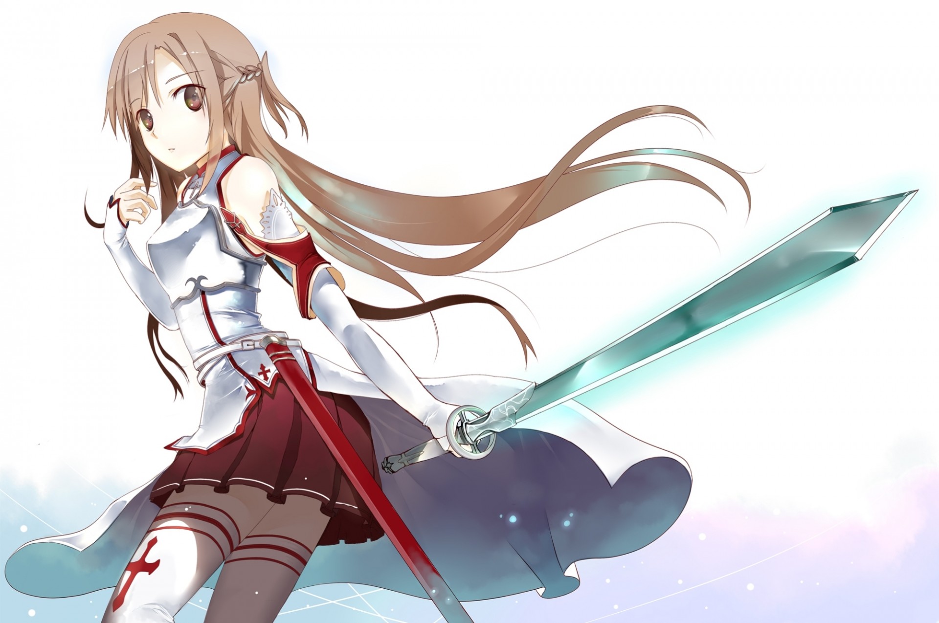 карие глаза zettai ryouiki доспехи юбочка оружие длинные волосы юки асуна меч thighhighs коричневые волосы
