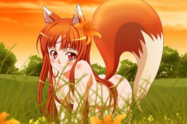 Dziewczyna anime w erotycznej pozycji z ogonem LISA