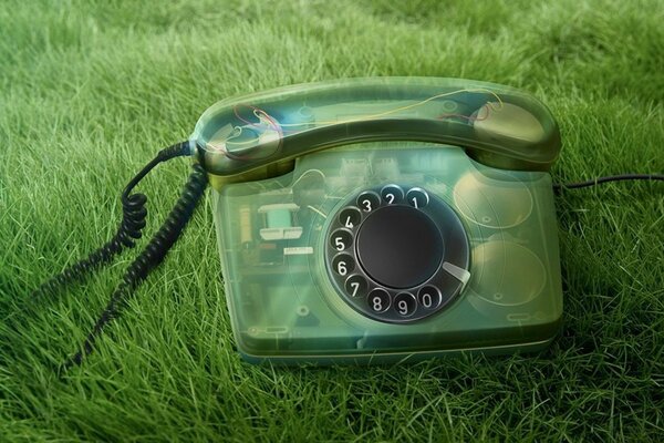 Telefon w przezroczystej obudowie na zielonej trawie
