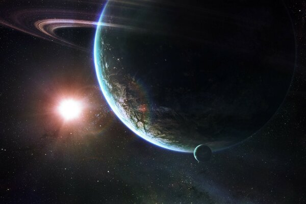 Planeta Saturn z satelitą na tle słońca