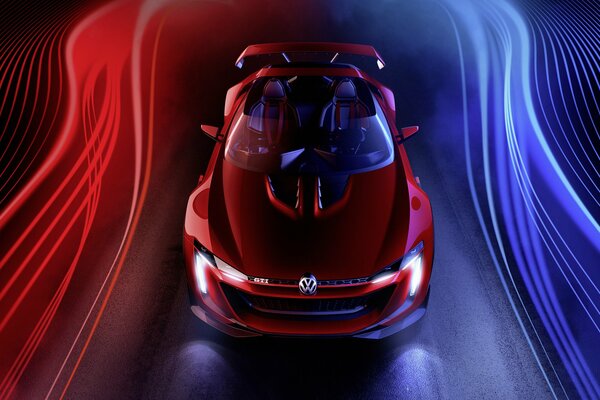 Volkswagen между красно-синим освещением