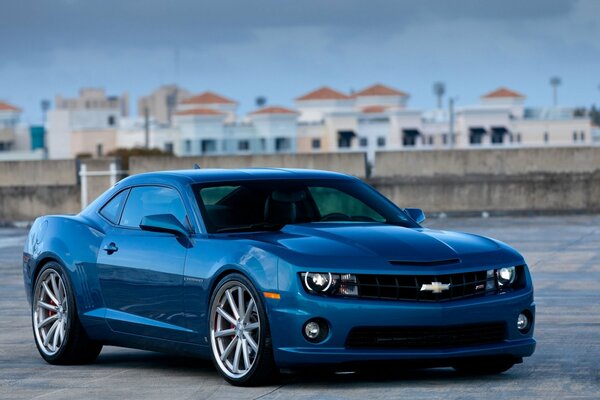 Niebieski chevrolet Camaro ss na tle miasta
