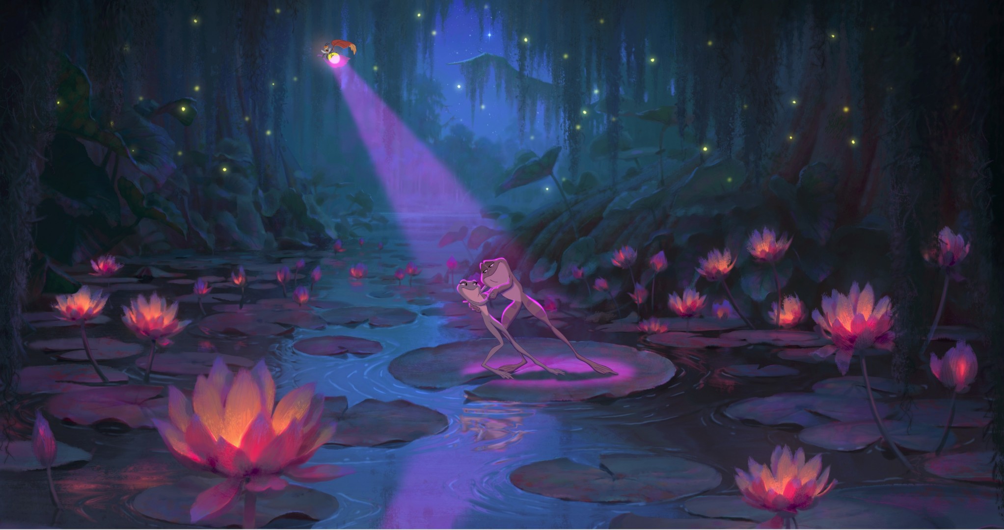noc księżniczka i żaba kreskówka disney świetliki promienie lotosy reflektory