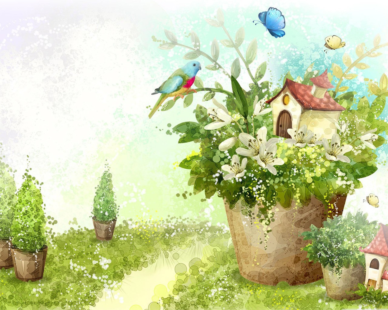 рисованые обои природа цветы дом птица