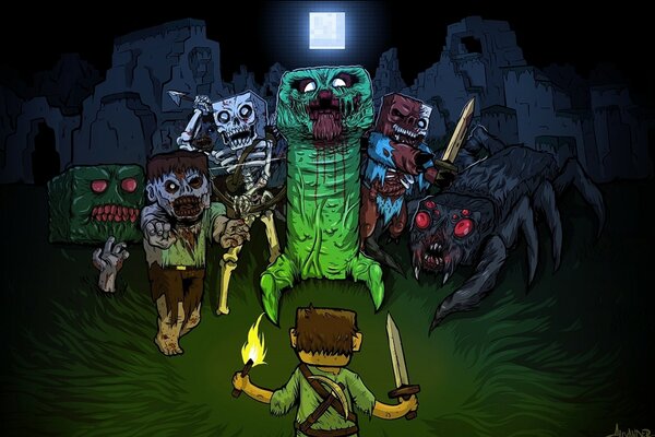 Grafika w stylu Minecraft z zombie