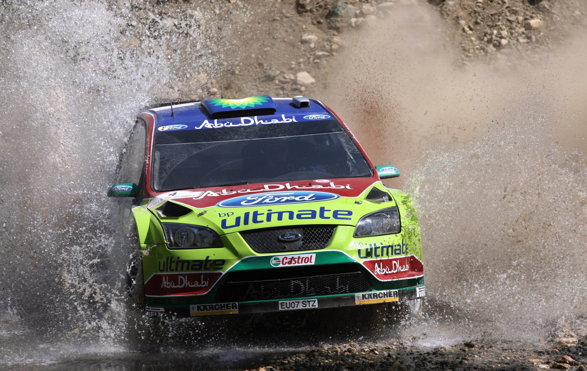 ford focus auto wrc rajd przód samochód woda spray sport wyścig reflektory logo