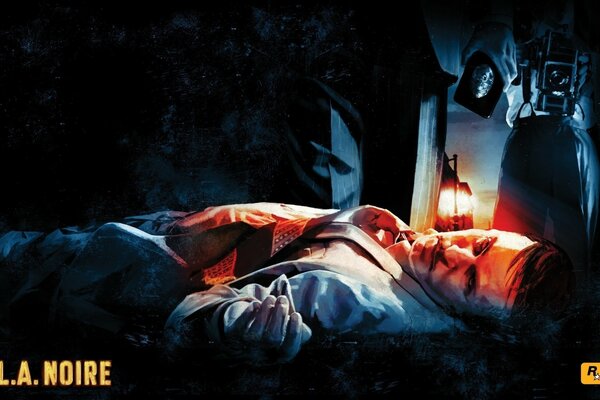 Plakat do gry L. A. Noire firmy Rockstar Games z leżącym trupem
