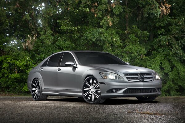 Srebrny Mercedes na tle lasu