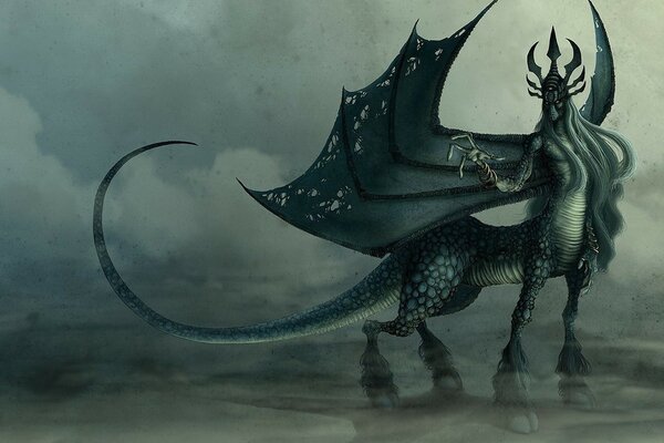 Fantasy art z potworem ze skrzydłami i ogonem