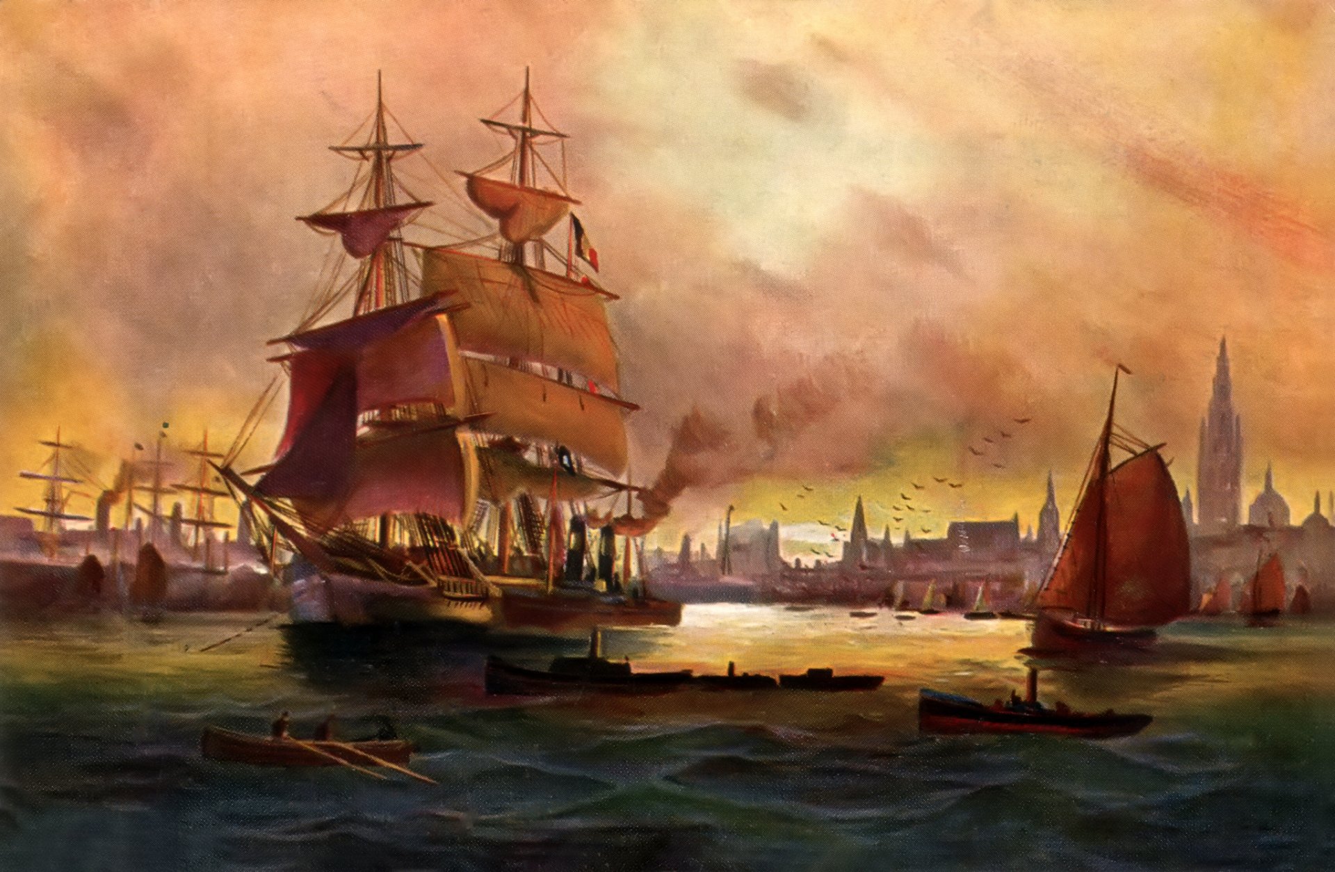 альфред янсен картина пейзаж море небо корабль паруса лодка люди город порт