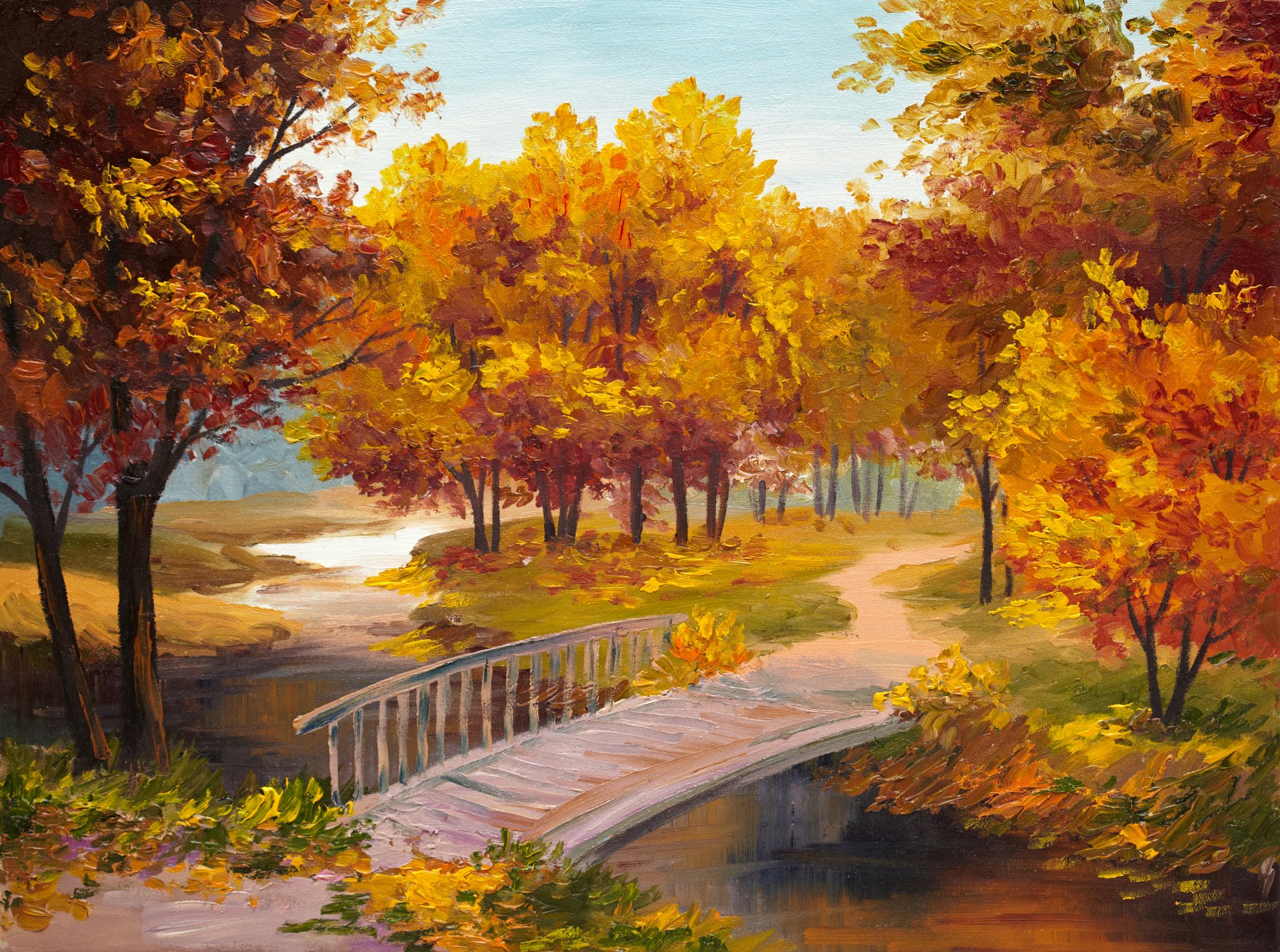 река мостик деревья осень время года