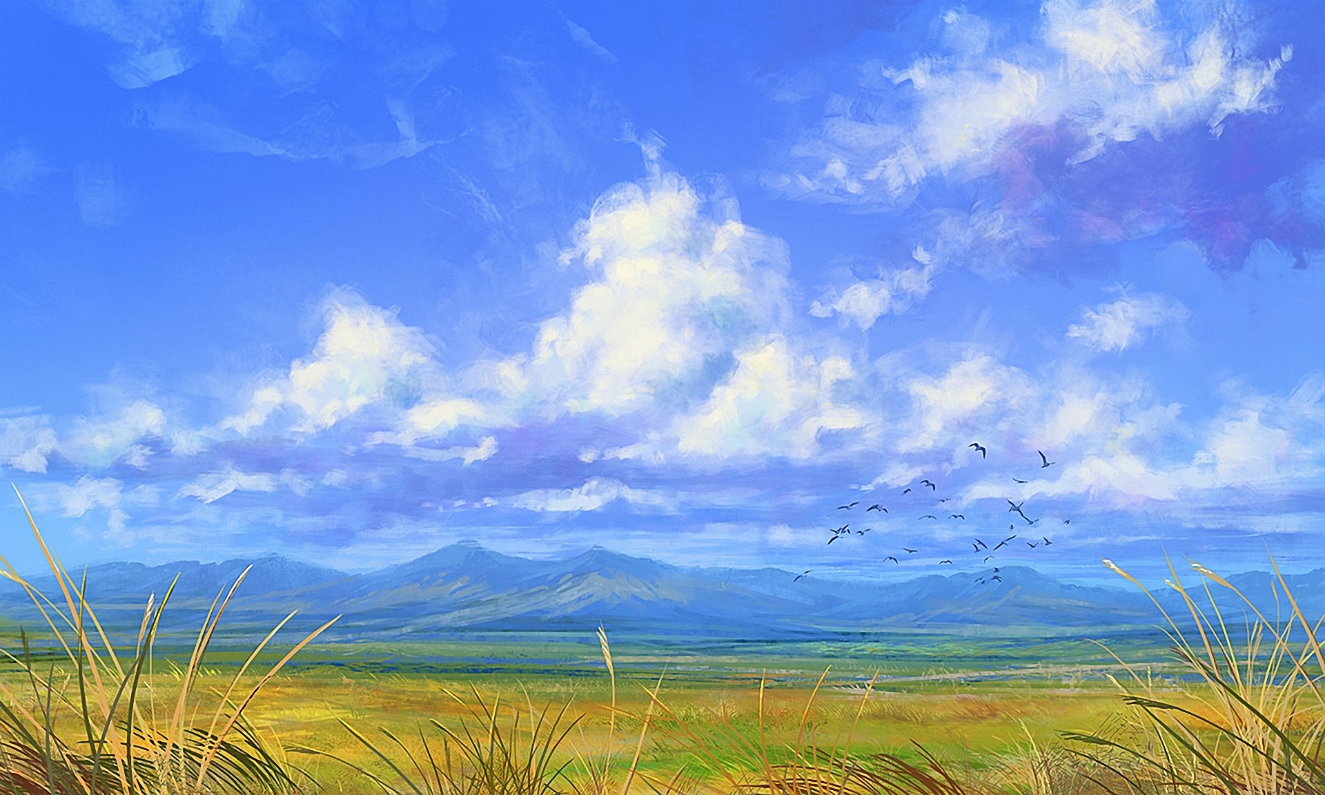 арт нарисованный пейзаж птицы горы облака ветер