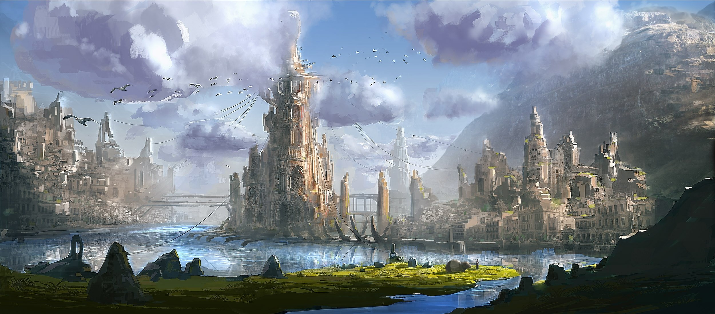 sztuka miasto świat fantasy woda góry most wieża