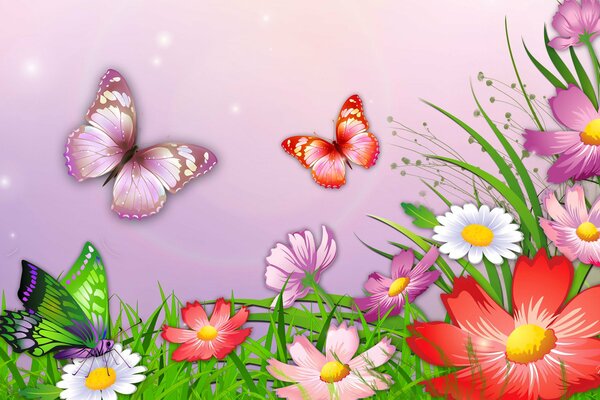 Рисунок: цветы и бабочки на розовом фоне