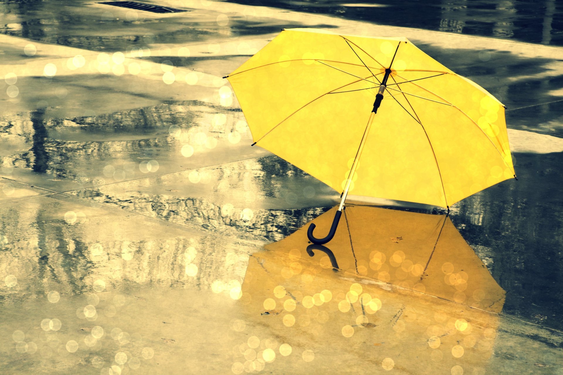 różne parasol parasol żółty deszcz woda krople mokro odbicie blask tło panoramiczny pełny ekran panoramiczny tapeta