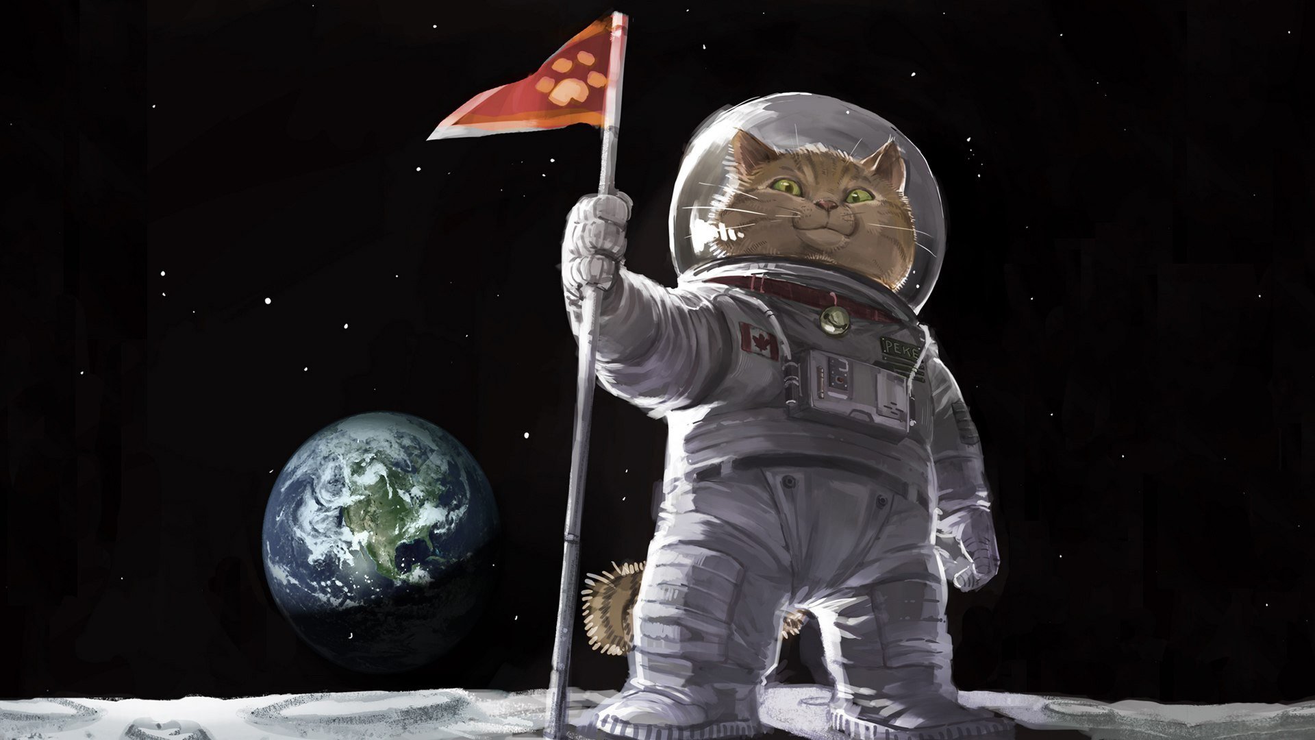 арт живопись картина кот котяра в скафандре космос флаг высадка на луну земля
