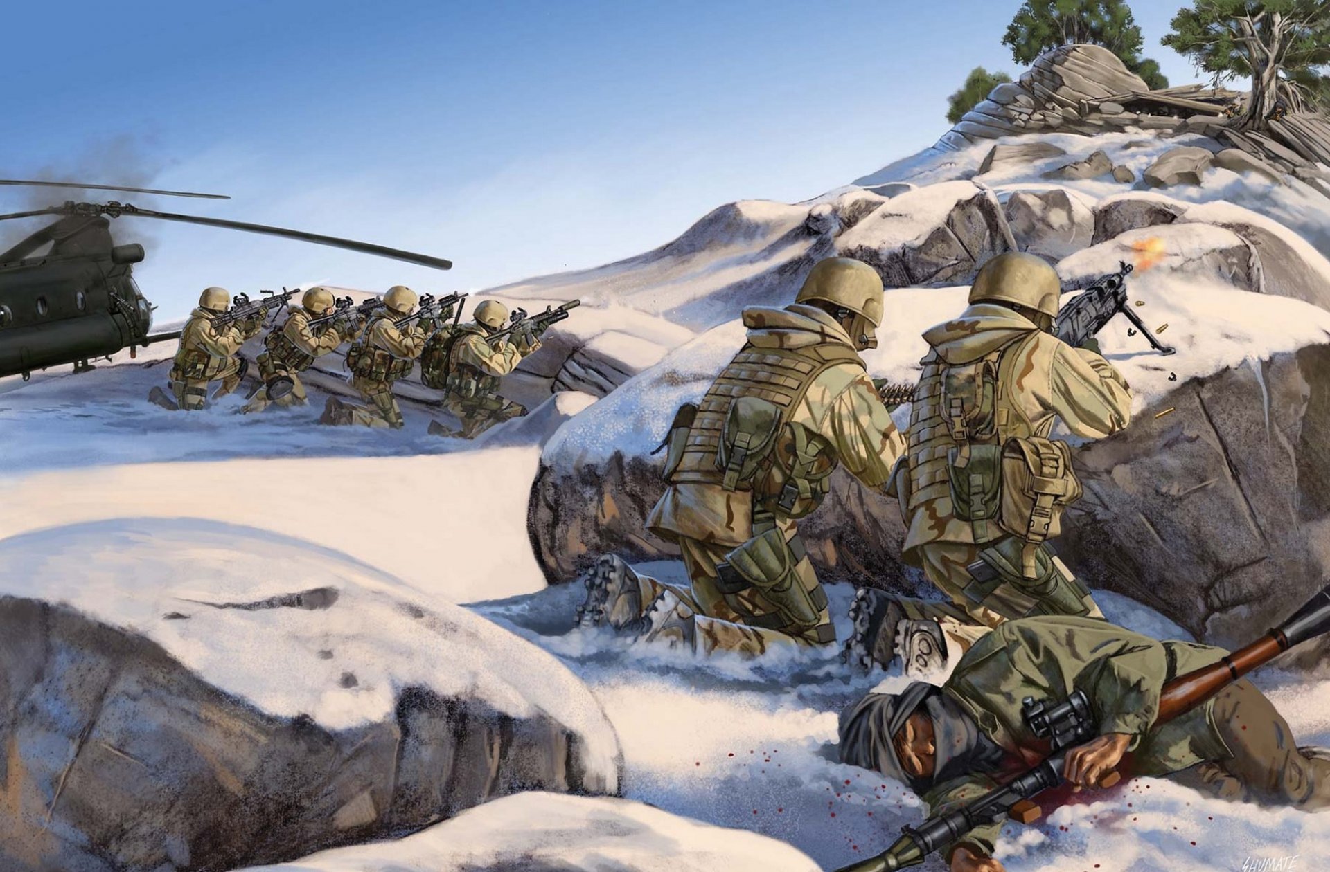 afganistan szczyt góra thakur ghar walka rangers sił szybkiego reagowania usa bojownicy al-kaidy zestrzelony mh-47e chinook 4 marca 2002roku rysunek