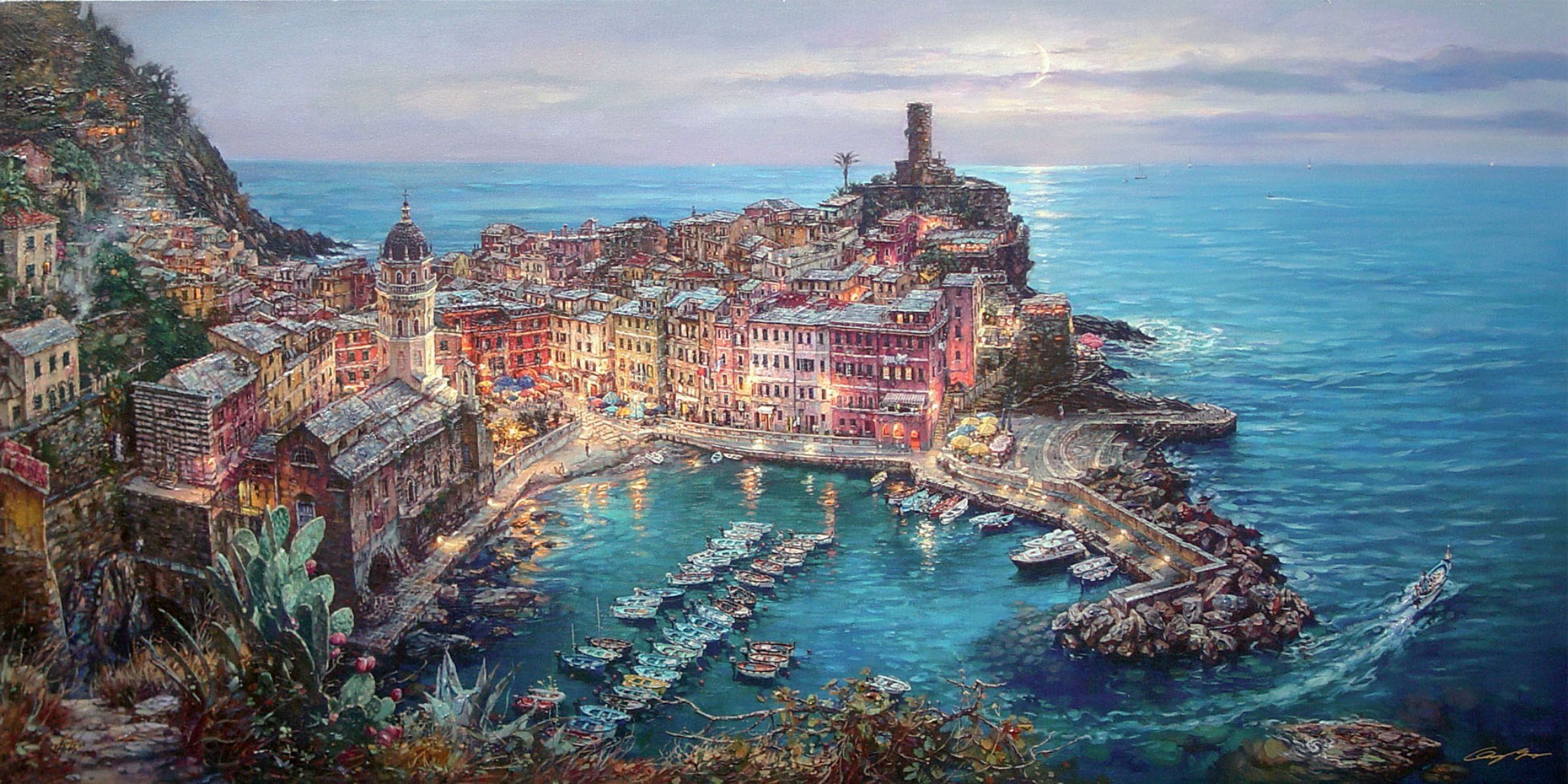 cao yong światło księżyca w vernazza malarstwo morze śródziemne vernazza włochy molo łodzie miasto domy katedra światło księżyca