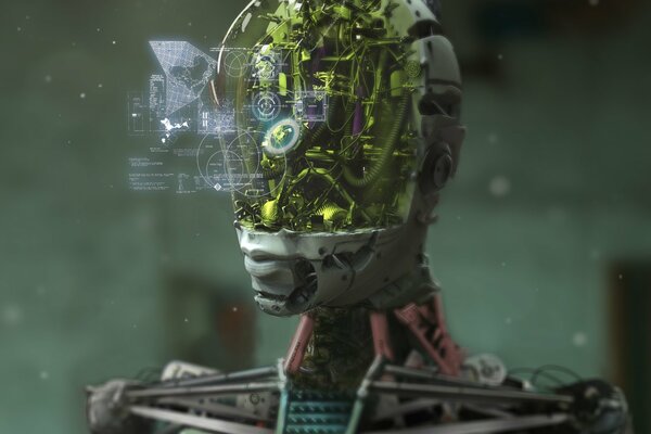 Głowa robota on bez twarz już wszystko umie gotować jedzenie robić prace domowe