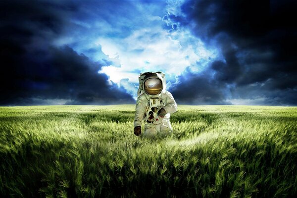 Pole łąka niebo i astronauta