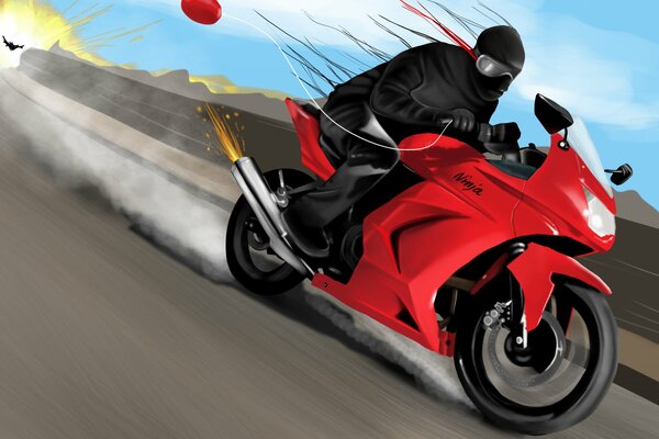 Ninja na motocyklu z balonem