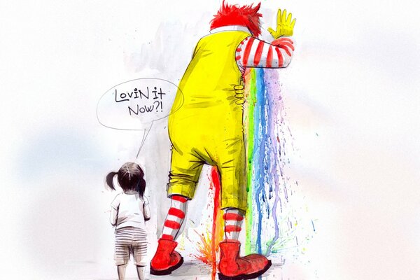 Klaun McDonald s ma tęczę. Obok dziewczynka