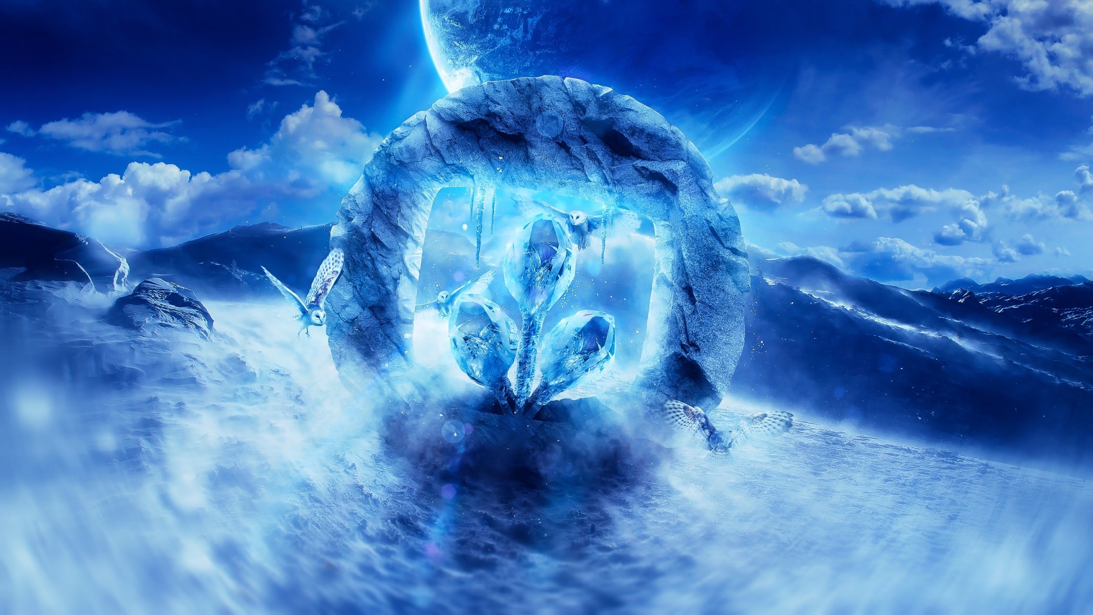 desktopografia logo render sztuka cyfrowa sowy planeta góry