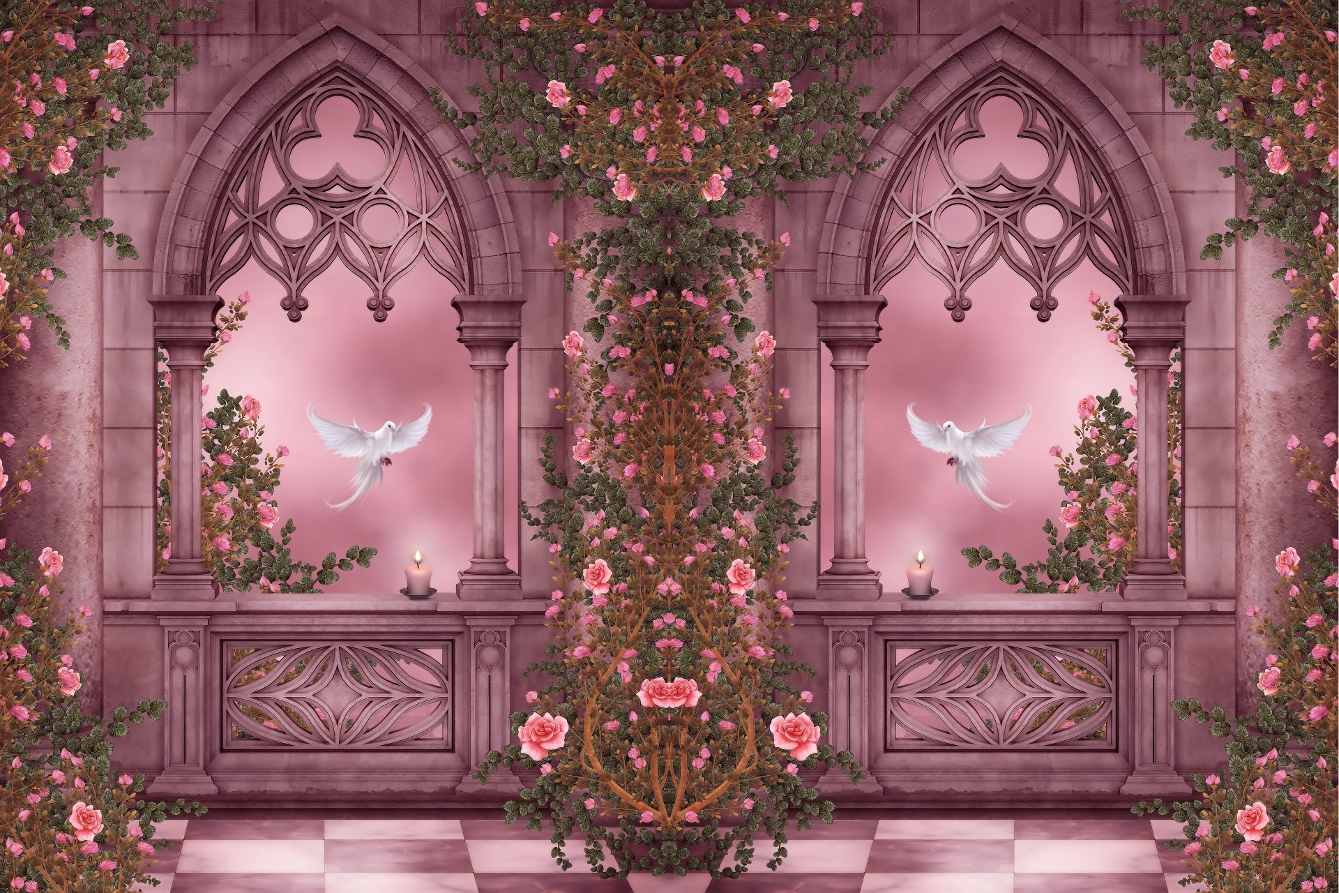rose garden kolumny gołębie łuki róże kwiaty girlandy świece ogród różany kolumny okna