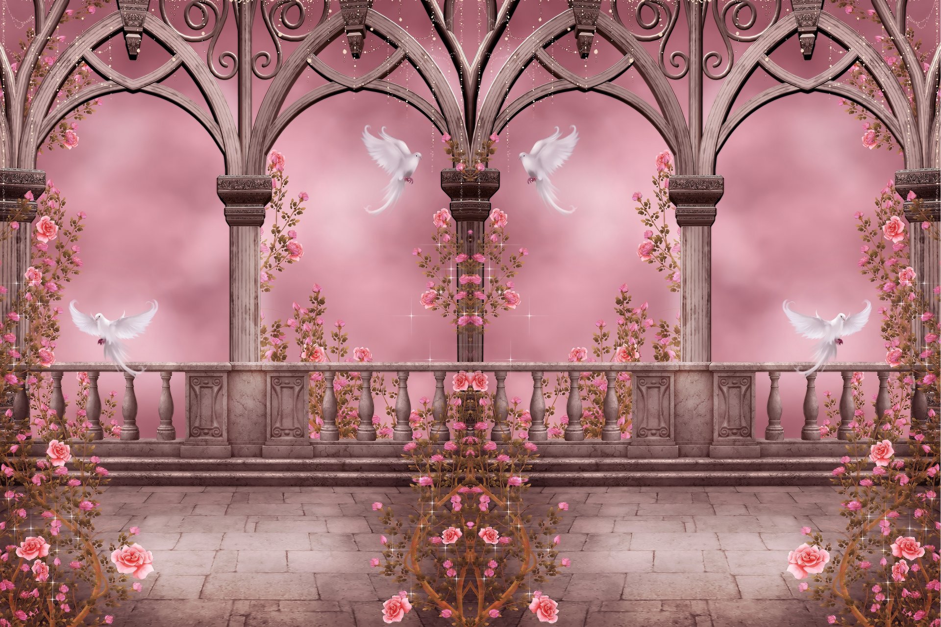 rose garden kolumny gołębie łuki róże kwiaty girlandy ogród różany kolumny