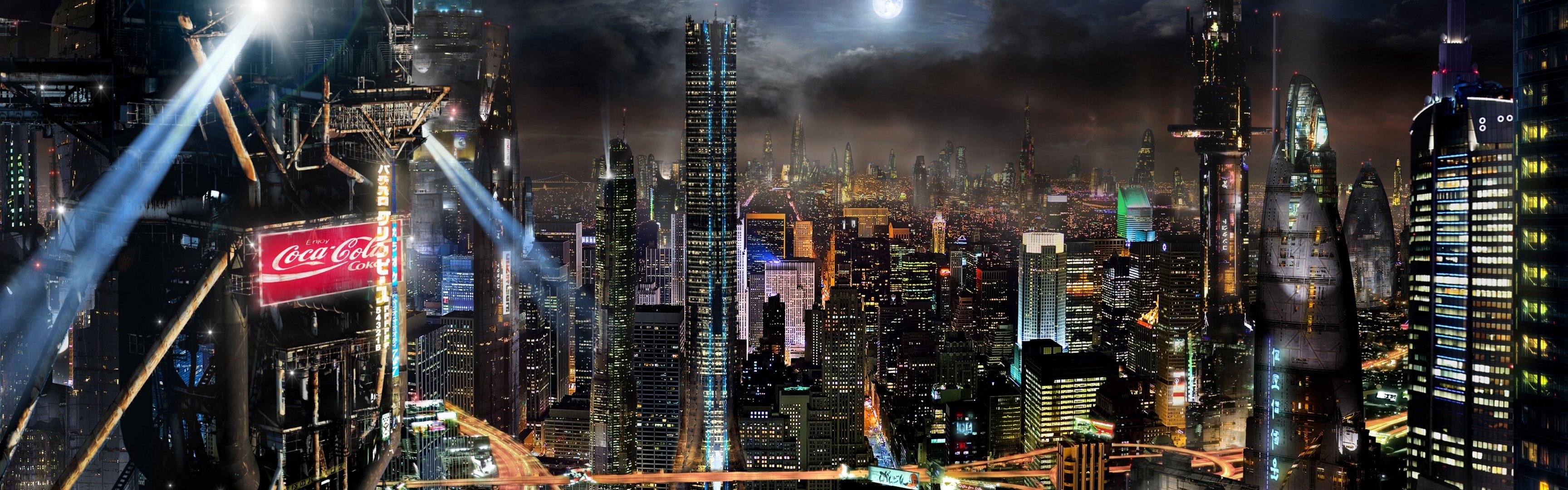 ночной город реклама прожектора панорама