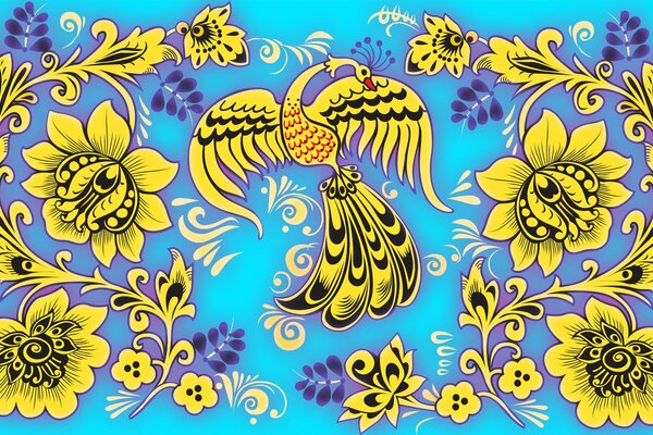 Текстура голубая хохлома с жёлтыми цветами