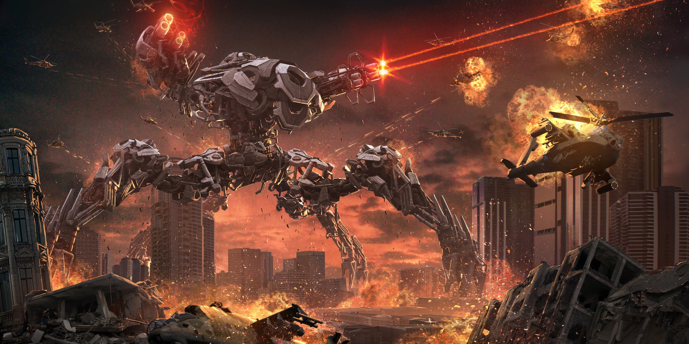 robot miasto cyberpunk helikopter ogień metropolia zniszczenie ruiny fantastyka