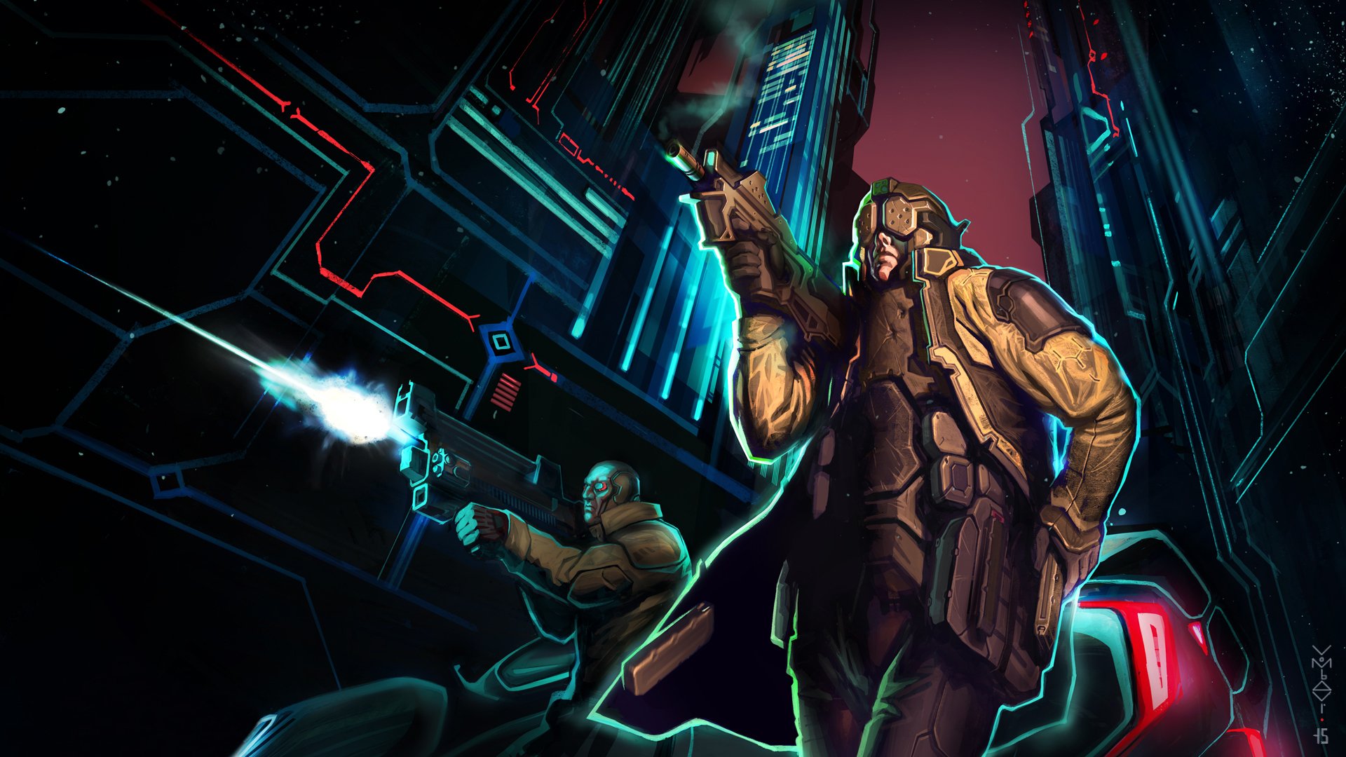 cyberpunk miasto cyborg ulica walka fantastyka sztuka