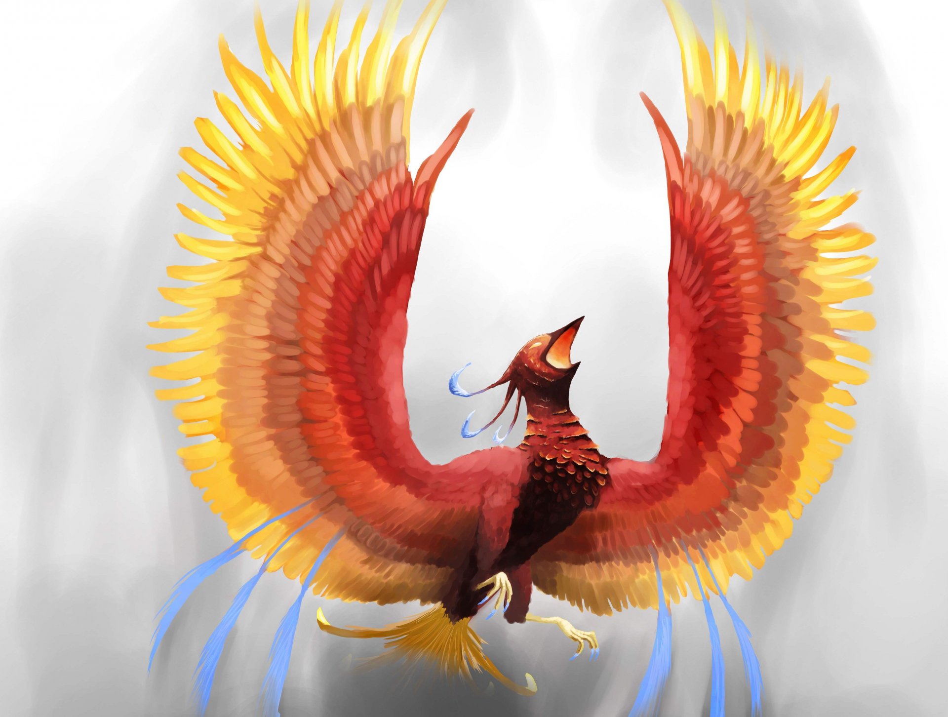 fantastyka sztuka firebird feniks gluve spojrzenie skrzydła pióra ogień tło