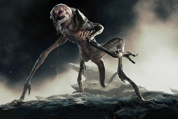 Jsmarantz concept art to oślizgły kosmita z nagą czaszką, długimi ramionami i ogonem