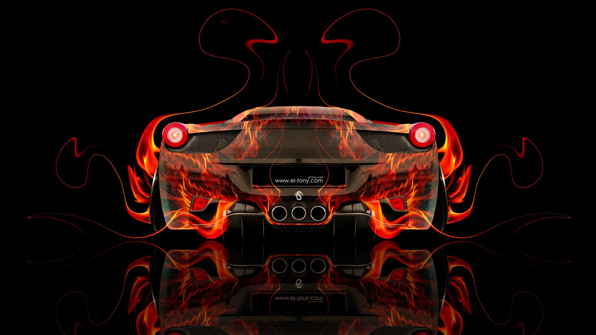 tony cohan ferrari italia powrót ogień streszczenie samochód pomarańczowy czarny kolory tapety el tony samochody photoshop sztuka projekt styl ferrari włochy widok z tyłu ogień samochód ogień auto ogień płomień tło kolor